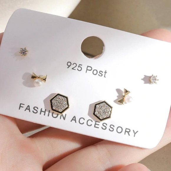Jewelry - [3 Pairs] 925 Sterling Silver Diamond Earrings F